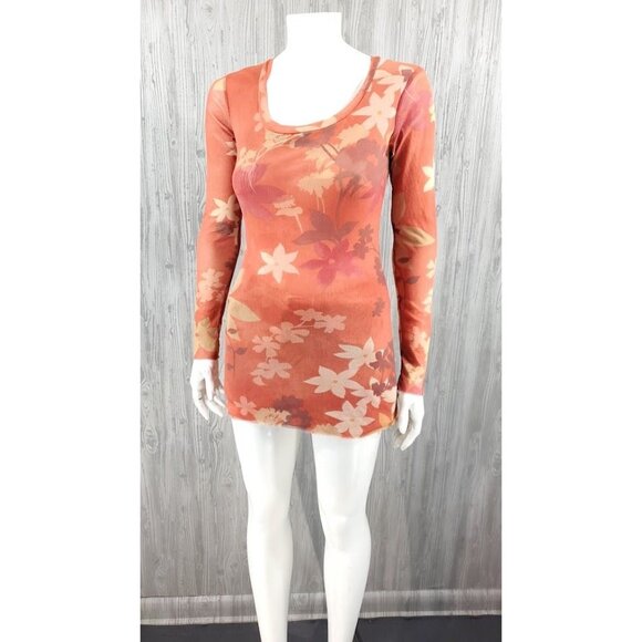 Vintage 90s Y2K Second Skin Printed Top Boho Hippie Floral Mesh - Picture 4 of 6